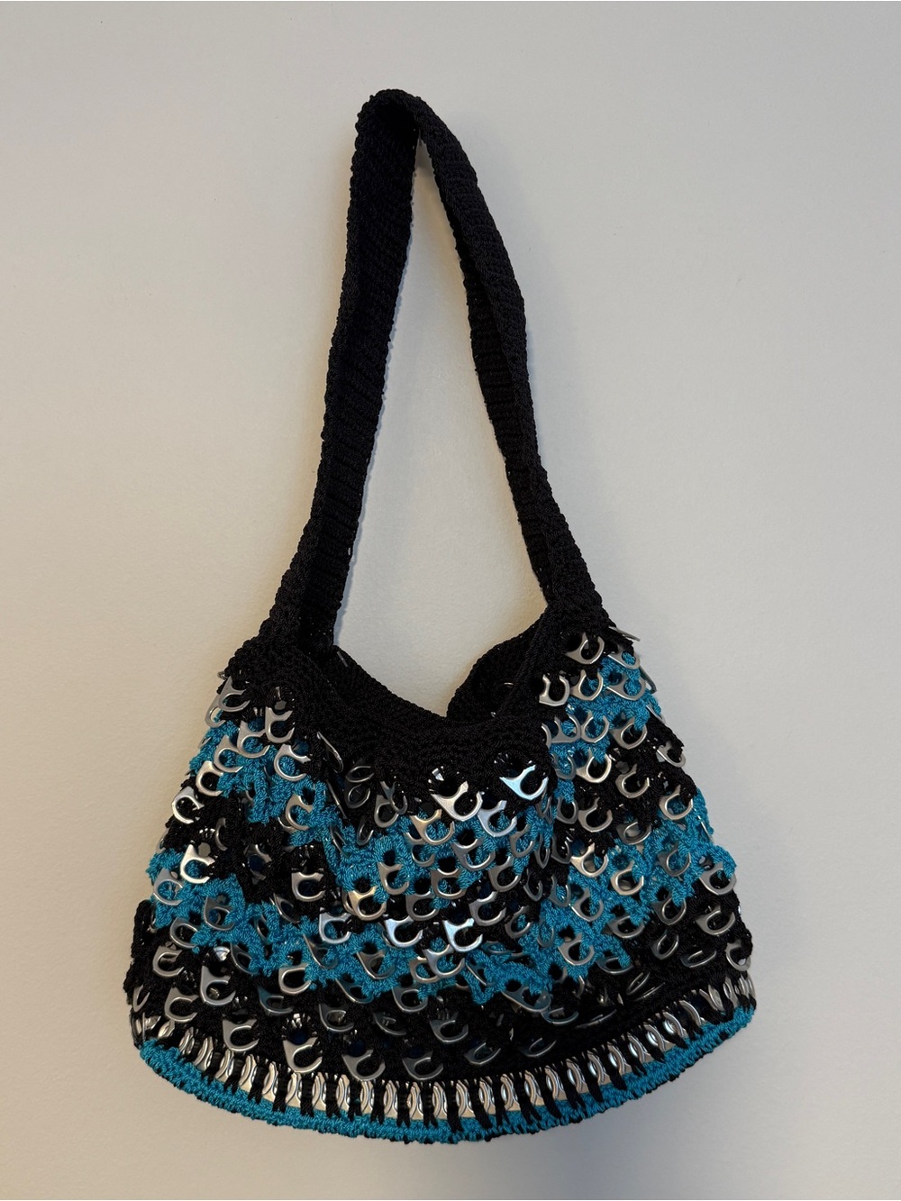 Upcycled Black & Blue Soda Pop Tab Plastic Crochet Shoulder Bag Purse Handmade